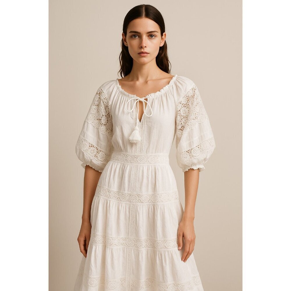 En Saison White Eyelet Midi Dress XS Boho Lace Peasant Summer Cottagecore Flowy
